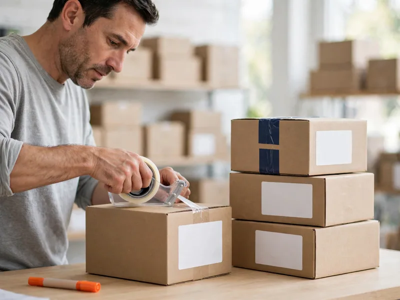 Man taping a shipping box at a packing station with labeled orders ready to ship