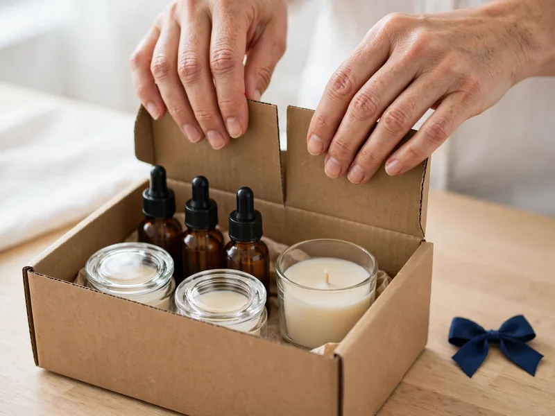 Hands opening the first box of a new skincare and candle brand